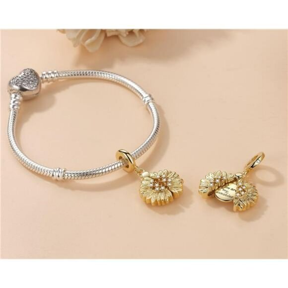 Sunflower dangle charm for bracelet gold plated zircon fit pandora jewelry gift - Picture 2 of 8
